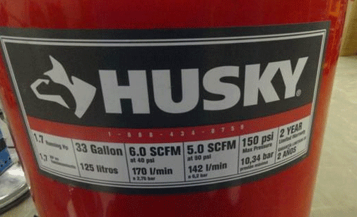 Husky 33 gallon compressor information plate