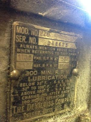 Devilbiss Model 220 Compressor Information Plate