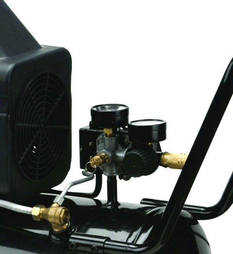 Pressure switch on a manifold on top of a nipple to the compressor tank.